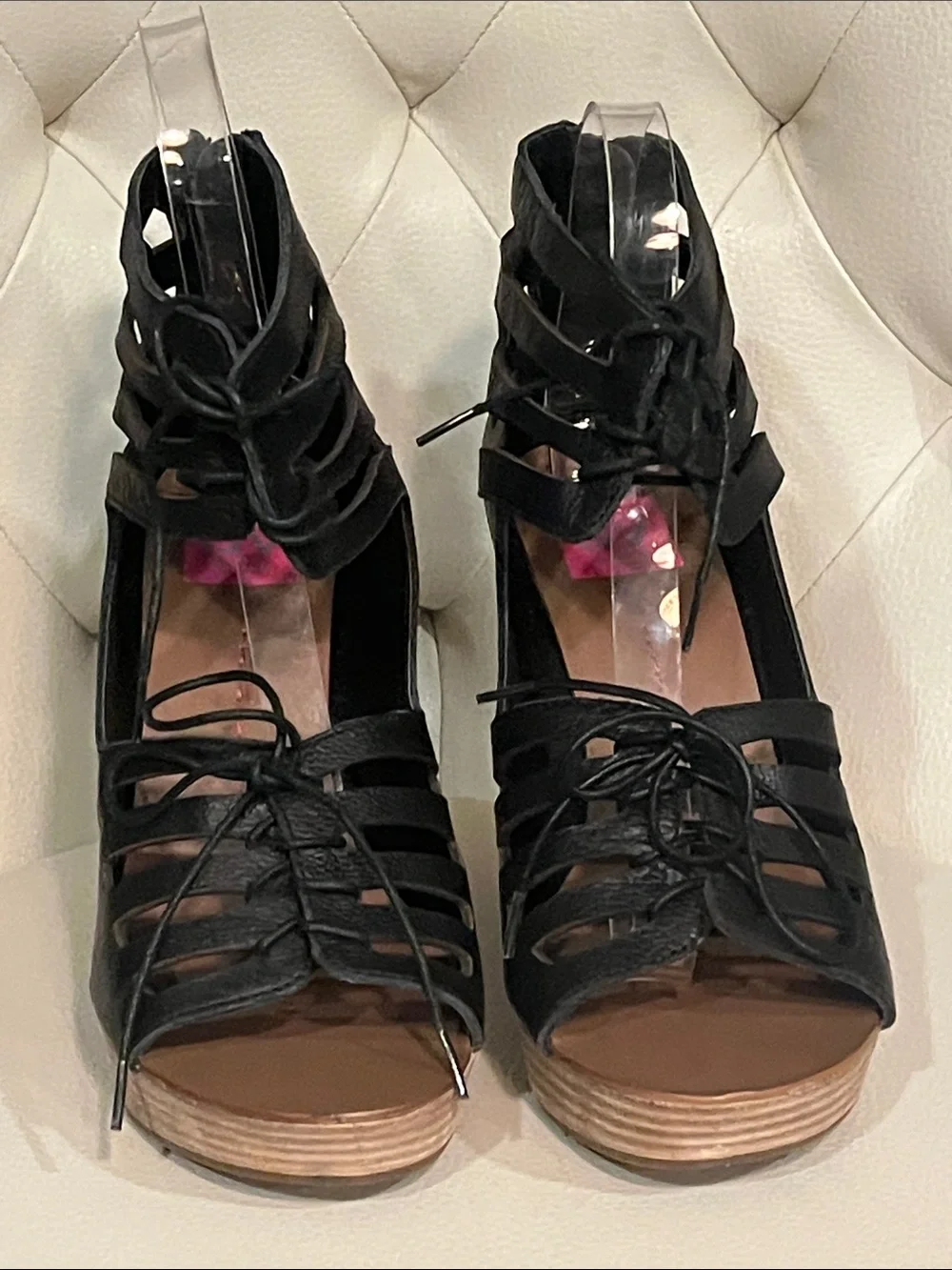 Dolce Vita Black Leather Lace-Up Cutout Wedge Sandals Size 8 Eye Catching